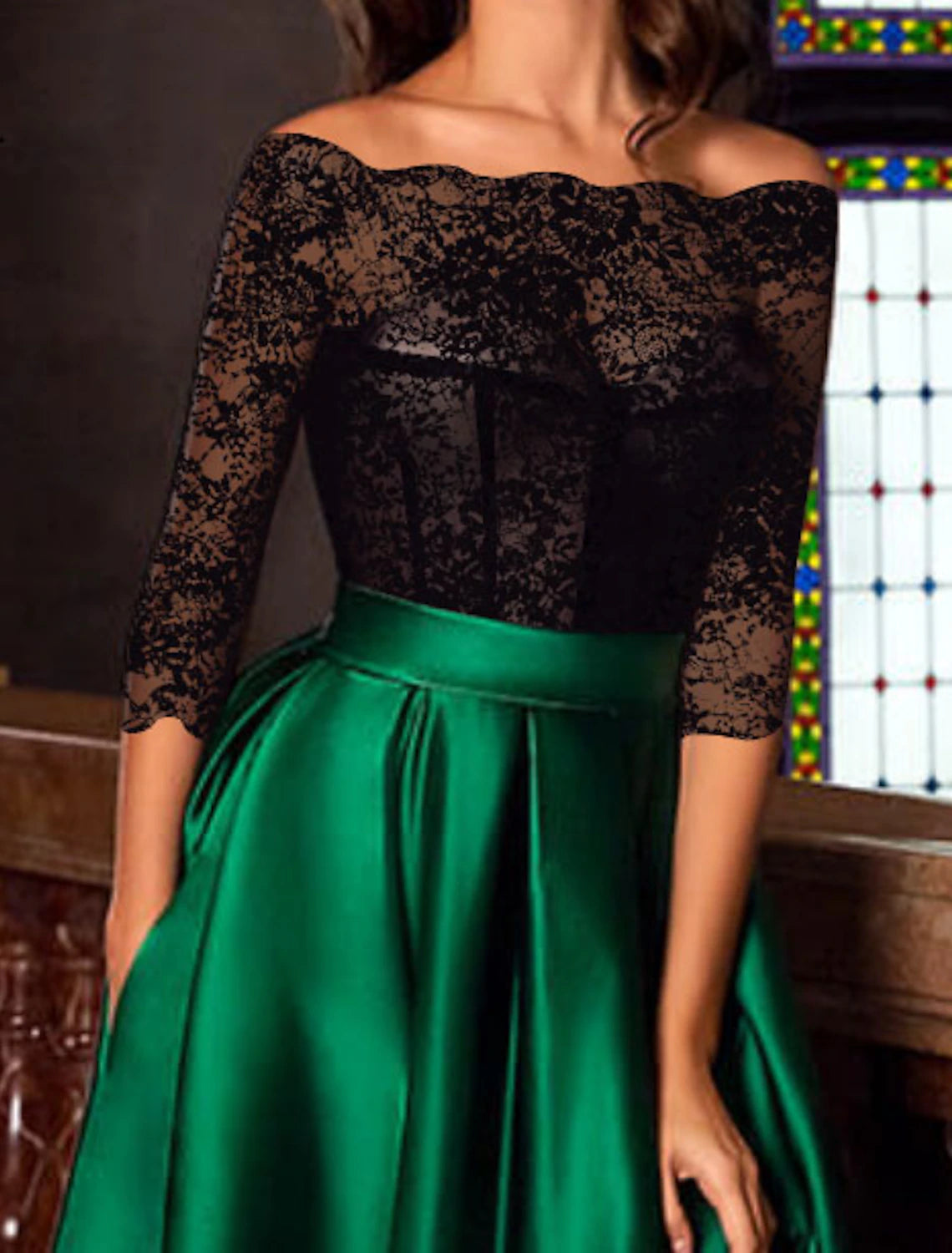 A-Linie Abendkleid Korsettkleid Maskerade Bodenlang 3/4 Ärmel Off Shoulder Satin mit Applikationen